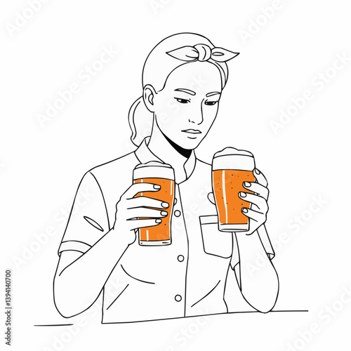 Woman tasting craft beer with two glasses on a plain background  