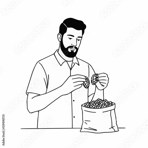 Man selecting hops from a bag while brewing craft beer  
