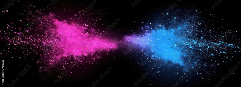 Obraz premium A vibrant explosion of pink and blue powder against a black background, creating a dynamic effect.