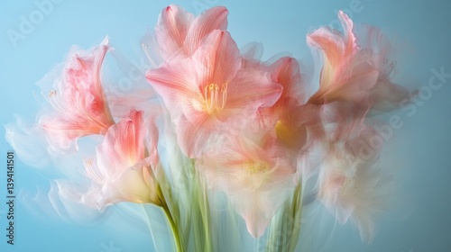 Dreamy Pink Amaryllis Lilies in Full Bloom with Soft Blur Effect on Light Blue Background