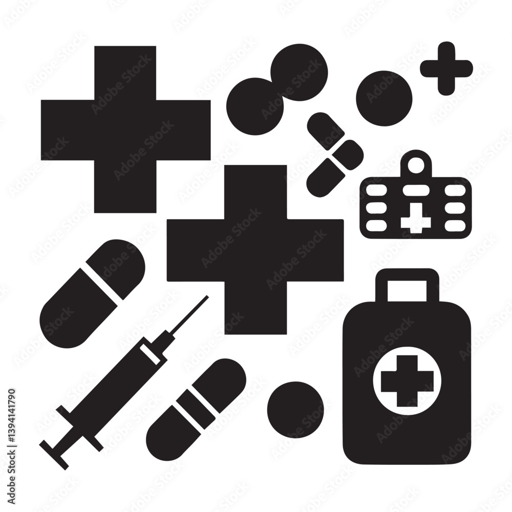 Fototapeta premium icon silhouette of Medical Symbols – Crosses, band-aids, syringes, pills, or first aid kits isolated on white background.
