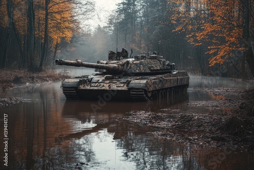 Camouflaged tank traversing a misty autumnal forest stream. photo