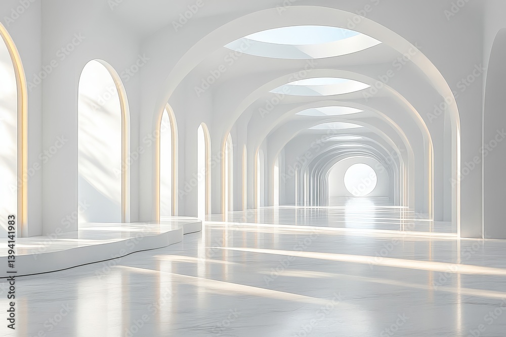 Abstract white interior with minimalist architectural elements, empty room background, simple geometric shapes in modern building design.