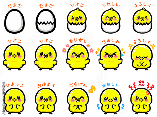 かわいいヒヨコの喜怒哀楽落落書き風イラスト素材セット