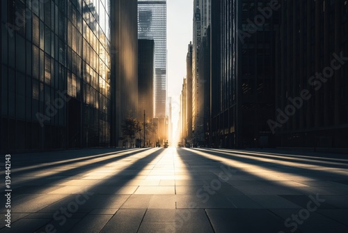 Sunrise casts long shadows down a deserted city street between towering skyscrapers, creating a dramatic urban scene.