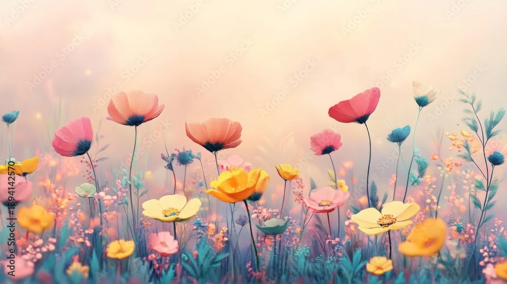 Obraz premium Pastel Poppies and Wildflowers in a Sunny Field Digital Art with Soft Lighting and Dreamy Aesthetic