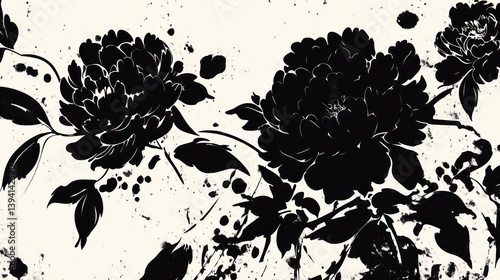 Fototapeta Naklejka Na Ścianę i Meble -  Black and white peony blossoms, textured background