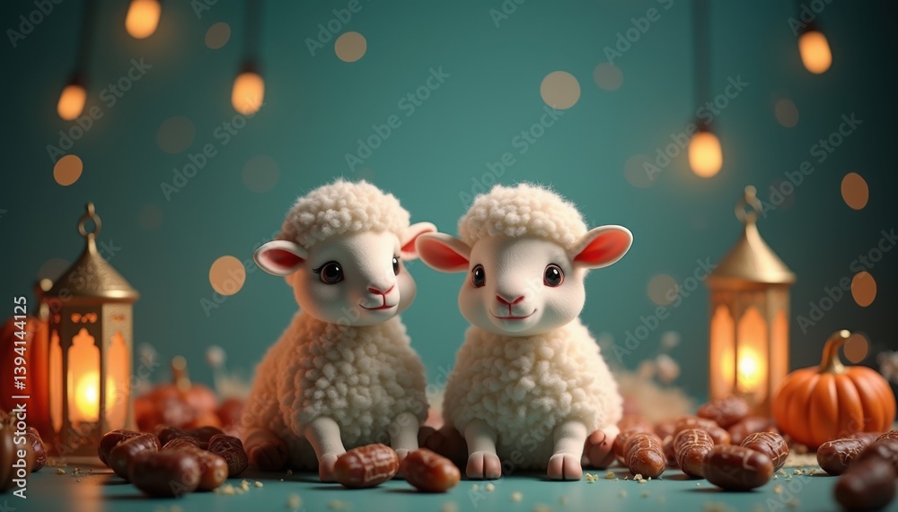 Obraz premium Two Cute Sheep with Arabic Lanterns. Happy Eid Al Adha Mubarak.