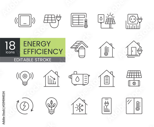 A set of vector icons representing energy efficiency technologies and smart systems for sustainable energy management, created in line style with editable stroke