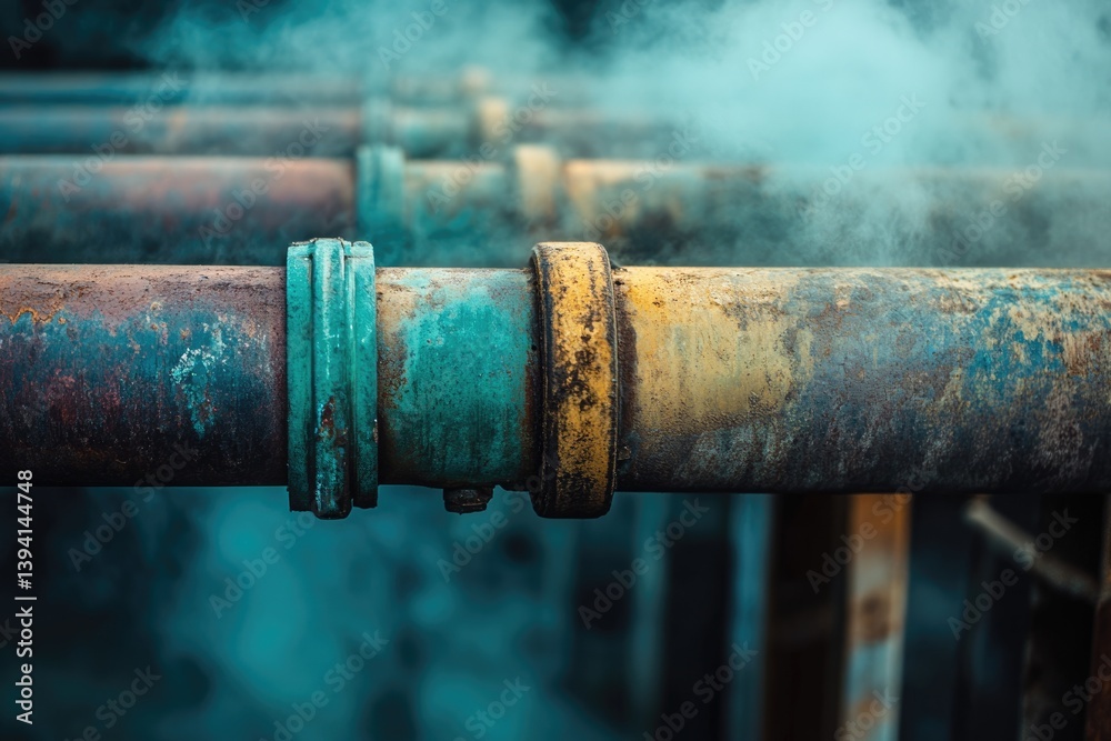 Rusty, aged pipes with teal and yellow accents, emitting steam, showing signs of wear and corrosion. Rusty, aged pipes with teal and yellow accents, emitting steam, showing signs of wear and corrosion.