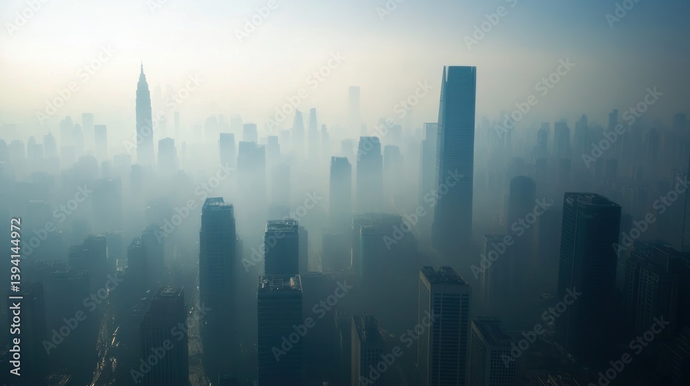 Fototapeta premium Smog-filled cityscape aerial view