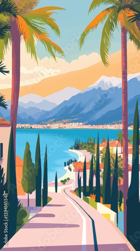 Lake Garda Vintage Travel Poster: Retro Mountain and Lake Landscape Illustration