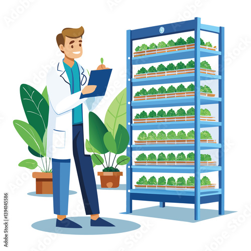 scientist-inspecting-vertical-farming-racks vector