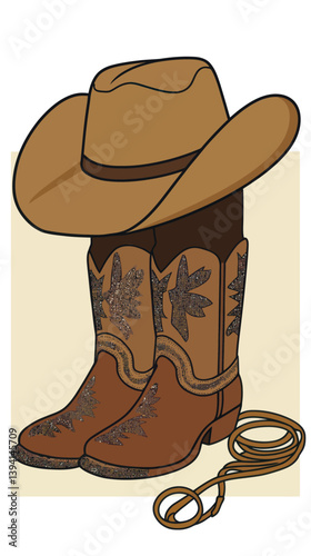 Vintage Cowboy Boots, Western Hat, Lasso Illustration in Minimalist Vector Style