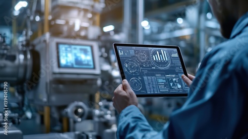 Engineer monitoring industrial process with digital tablet in smart factory