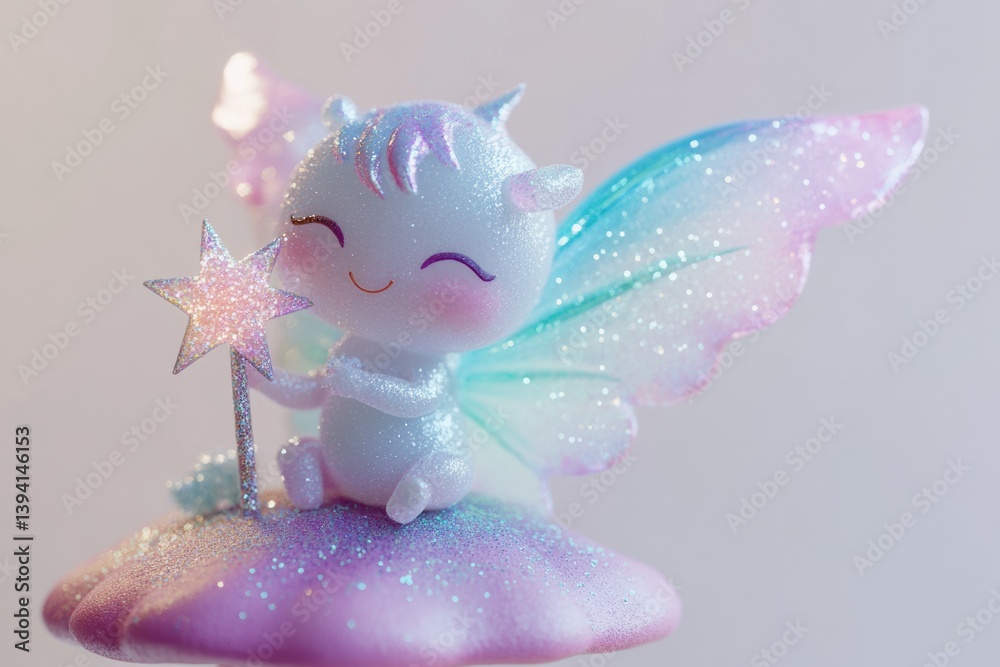 Fototapeta premium Adorable glitter fairy with wings, sitting on a mushroom, holding a star wand.
