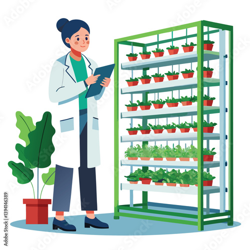 scientist-inspecting-vertical-farming-racks vector
