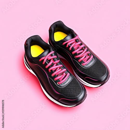 Colorful laces add flair to sleek black sneakers on a vibrant pink background