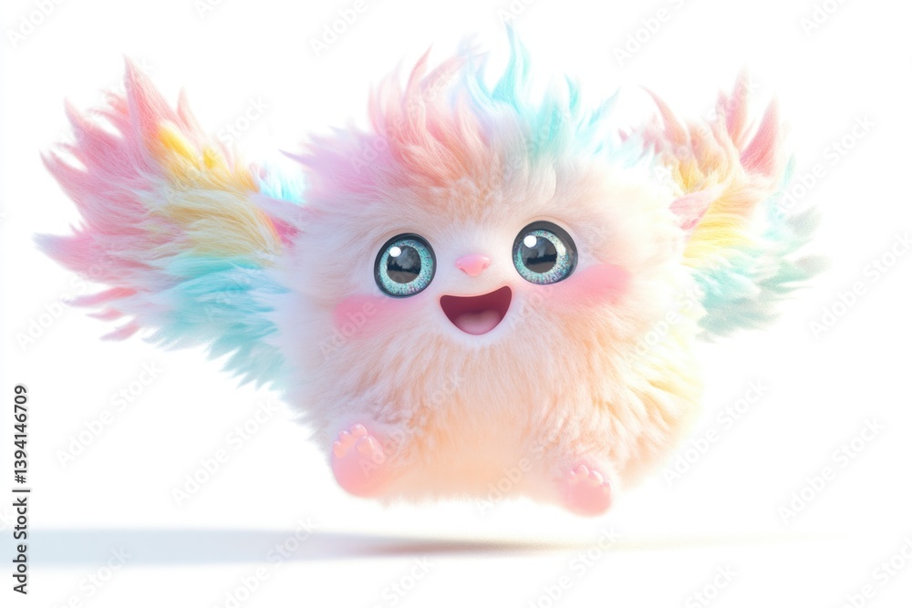 Obraz premium A cheerful, fluffy creature with rainbow wings joyfully leaps through the air.
