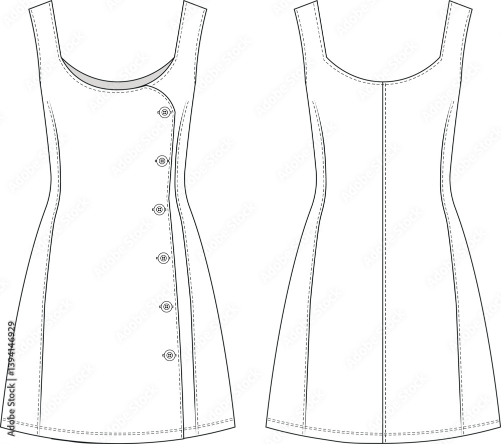 sleeveless strappy strapped shoulder straps u neck scoop neck buttoned princess darted a line mini short dress template technical drawing flat sketch cad mockup fashion woman design style model 
