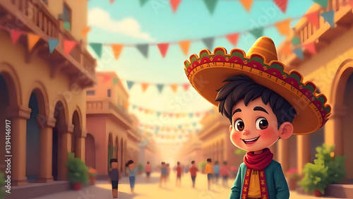 Happy Mexican Boy Wearing Sombrero on Festive Street During Cinco de Mayo Celebration – Colorful Cartoon Character, Mexican Heritage, Cultural Festival, Children’s Art, Holiday Concept Scene
