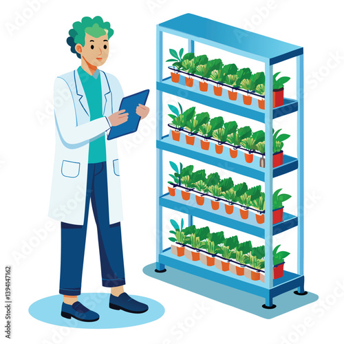 scientist-inspecting-vertical-farming-racks vector