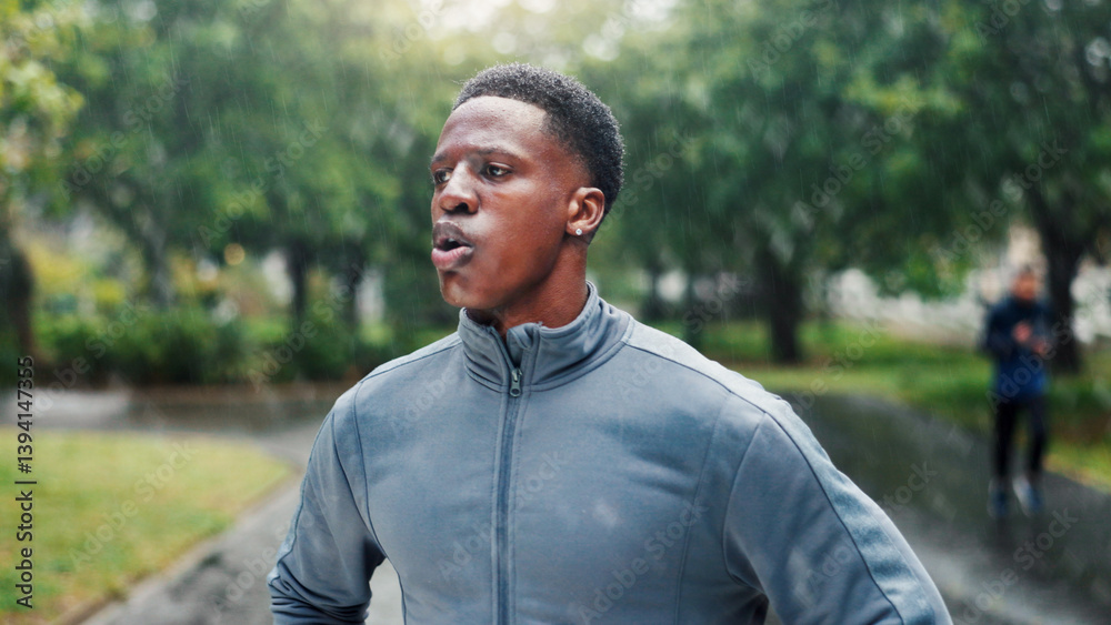 Fitness, man and rest with breathing at park for marathon fatigue, running recovery or endurance challenge. Athlete, black person and tired in rain with workout break, exercise performance or burnout Fitness, man and rest with breathing at park for marathon fatigue, running recovery or endurance challenge. Athlete, black person and tired in rain with workout break, exercise performance or burnout