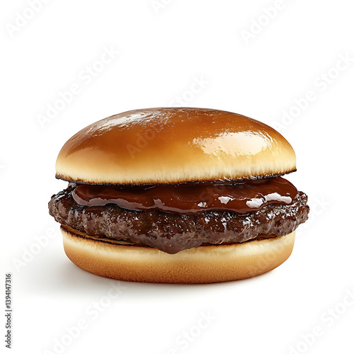 Tender and juicy grilled beef burger with a perfectly seared patty and a soft bun, isolated white background, hyperrealism art style