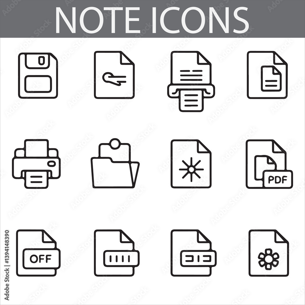 Set of 16 Note Icons – Checklist, Pencil, Paper, Stamp, and Clipboard Designs Set of 16 Note Icons – Checklist, Pencil, Paper, Stamp, and Clipboard Designs