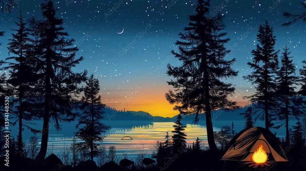 Fototapeta premium A serene campsite by a lake under a starry sky at dusk, featuring a glowing campfire.