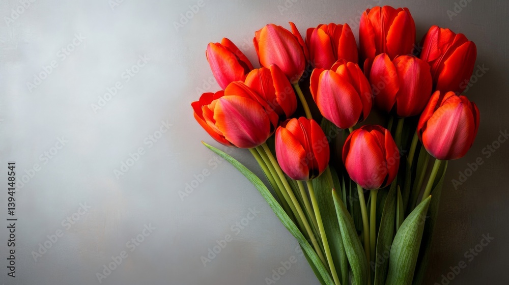 Vibrant Red Tulips Bouquet on Soft Gray Background with Elegant and Romantic Atmosphere