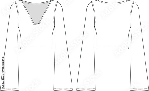 v neck square neck bell kimono long sleeve fit elastic bodycon short blouse top tshirt tee template technical drawing flat sketch cad mockup fashion woman design style model 
