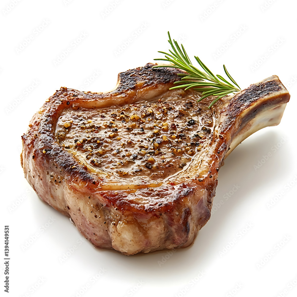 Tender and juicy roast lamb chop with a perfectly seared crust rich seasoning tender meat, isolated white background, hyperrealism art style