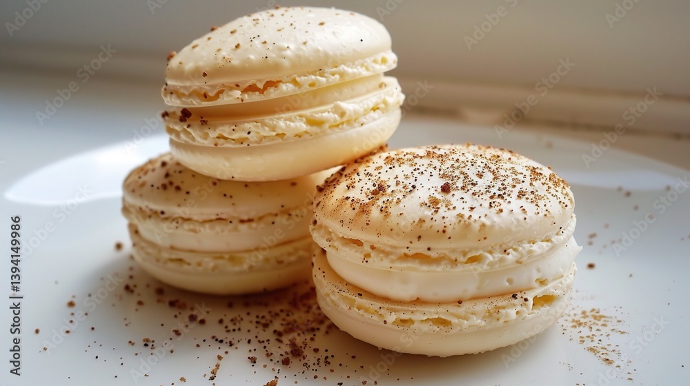 An alluring display of macarons is presented. The macarons are small, colorful, and have a smooth, rounded top with a characteristic ruffled edge An alluring display of macarons is presented. The macarons are small, colorful, and have a smooth, rounded top with a characteristic ruffled edge