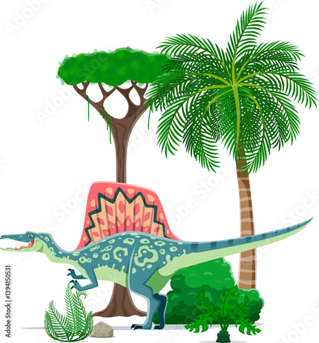 Dinosaur or prehistoric lizard Spinosaurus, cartoon vector extinct dino animal. Spinosaurus dinosaur of Cretaceous era and spinosaurid species for paleontology museum or kids dino encyclopedia