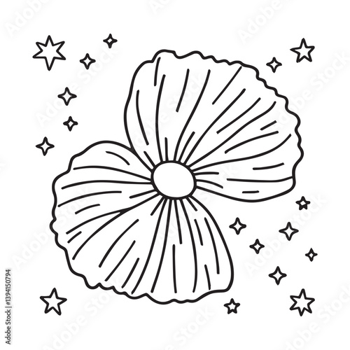 On a white background illustrate a black and white coloring book line art of a simple (cheerleader pom-poms with stars), on a simple white background 