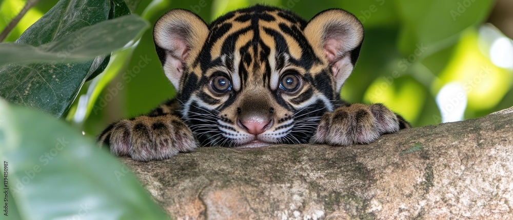 Obraz premium Adorable clouded leopard cub peeking from tree branch