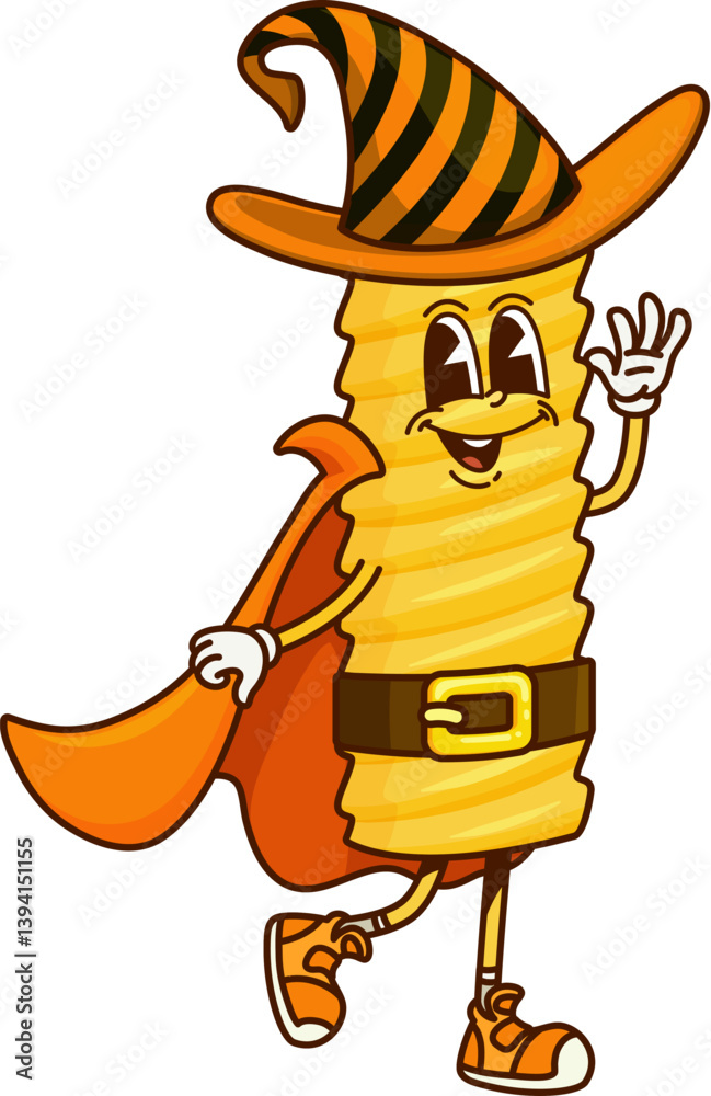 Fototapeta premium Halloween mage pasta groovy funny character. Halloween wizard Italian pasta cartoon character, mage Italy cuisine meal isolated vector cheerful personage. Sorcerer rigatoni noodle groovy mascot