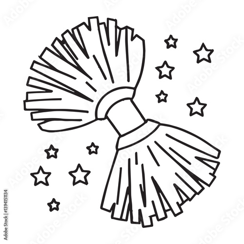 On a white background illustrate a black and white coloring book line art of a simple (cheerleader pom-poms with stars), on a simple white background 