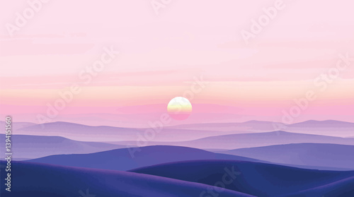 Watercolor vector sunrise with soft pastel sky over rolling hills.