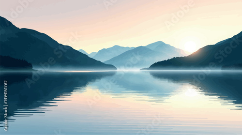 Watercolor vector mountain lake with soft reflections and calm tones
