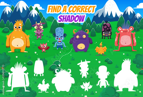 Find a correct shadow of funny monster characters, kids game worksheet. Vector logical children activity, riddle for mind development, featuring quirky and adorable creatures in a outdoor landscape