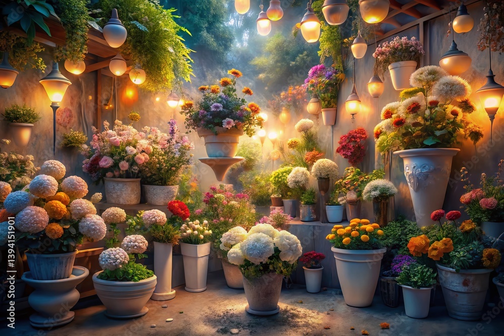 Fototapeta premium Enchanting White Flower Pots A Surreal Floral Display in a Dreamlike Florist Shop