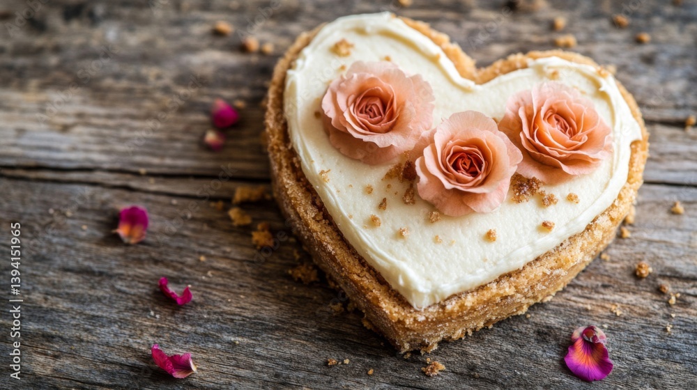 Heart Shaped Cookie Topped with Creamy Frosting and Rose Decoration on Rustic Wood Table Heart Shaped Cookie Topped with Creamy Frosting and Rose Decoration on Rustic Wood Table