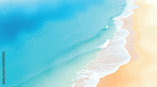 Watercolor vector coastline with turquoise water and sandy shore.