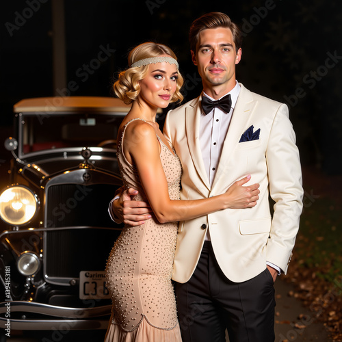 Elegant couple embracing in vintage attire against classic car  