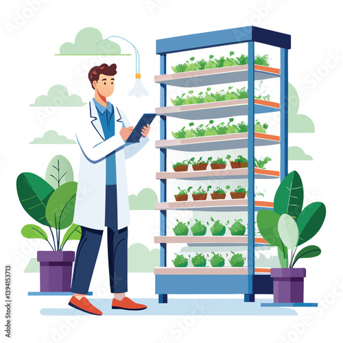 scientist-inspecting-vertical-farming-racks vector
