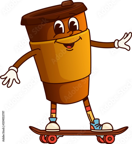 Takeaway coffee cup beverage groovy character on skate. Fast food hot latte happy skating character. Cafe takeaway drink or restaurant takeout coffee disposable cup groovy isolated vector personage