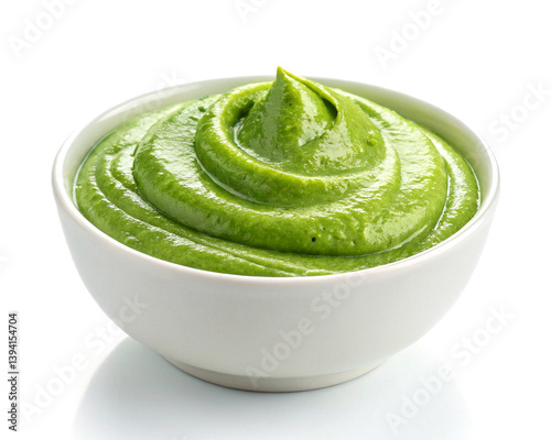 Green pesto sauce in a white bowl isolated on clean white background