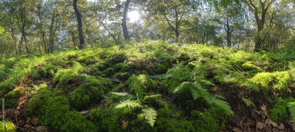 Fototapeta premium Sunlight filters through forest floor, moss and ferns